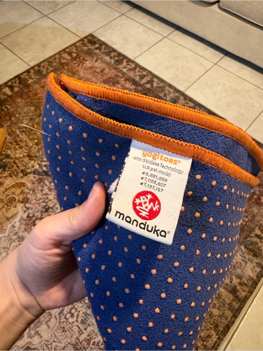 Manduka Blue Grip Yoga towel yogitoes with Orange Trim